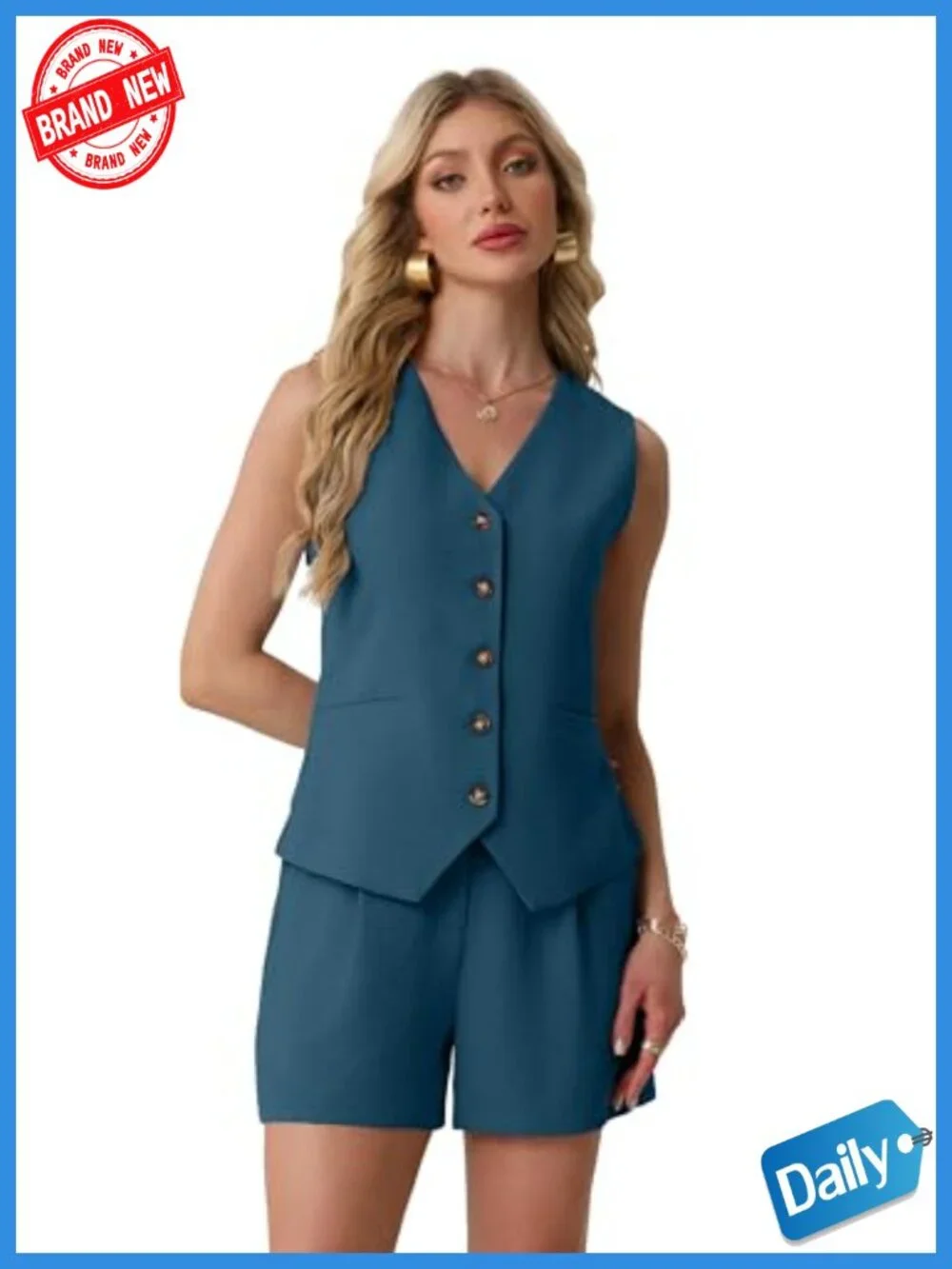 Women's 2 Piece Sleeveless Vest and Shorts Set, Polyester Solid Casual Travel